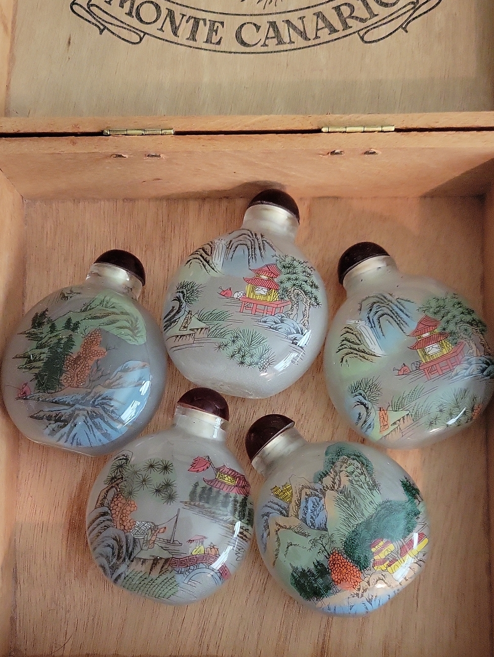 Asian Hand-Painted Glass Snuff Bottle Set - Scenic Design in Light Green & Brown